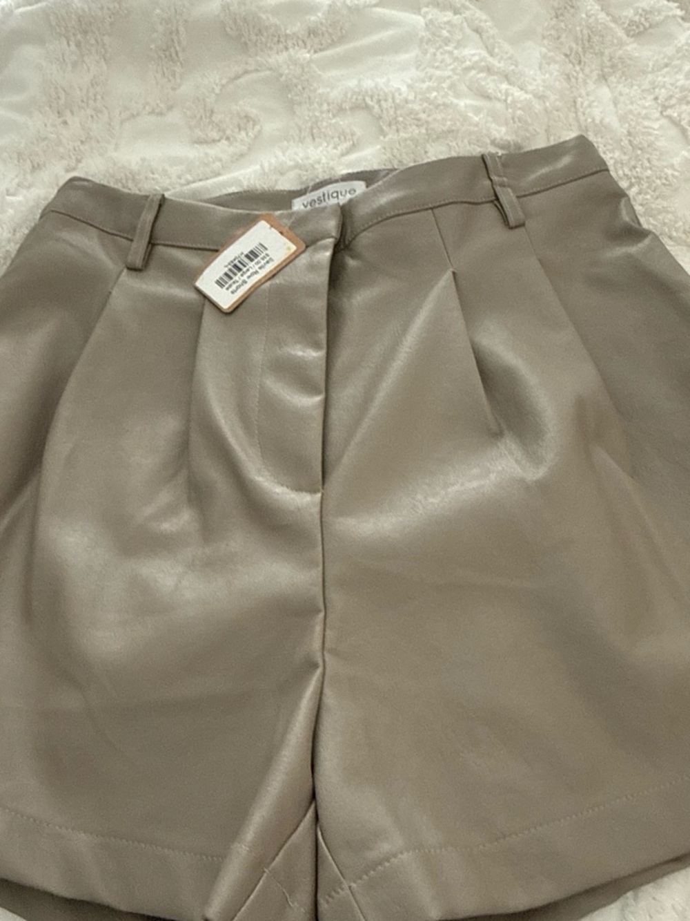 vestique Taupe Vegan Leather Pleated High-Rise Shorts